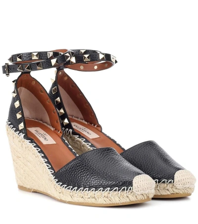 Shop Valentino Rockstud Double Leather Wedge Espadrilles In Black