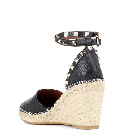Shop Valentino Rockstud Double Leather Wedge Espadrilles In Black