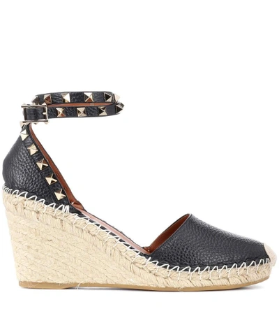 Shop Valentino Rockstud Double Leather Wedge Espadrilles In Black