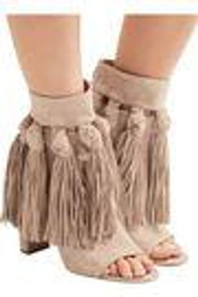 Shop Chloé Tasseled Suede Ankle Boots In Beige