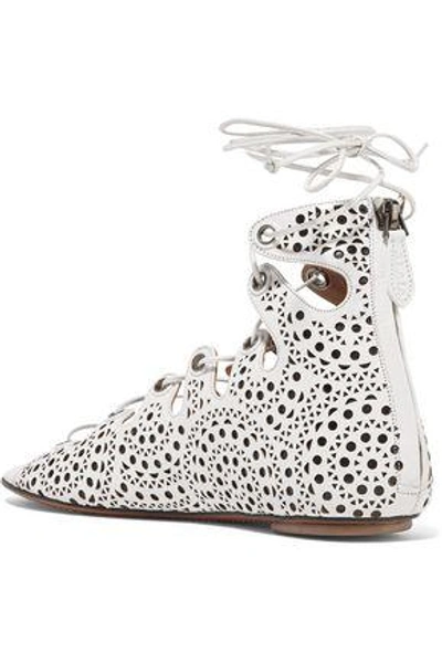 Shop Alaïa Lace-up Laser-cut Leather Sandals In Ivory