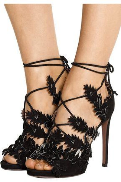 Shop Alaïa Woman Appliquéd Suede Platform Sandals Black