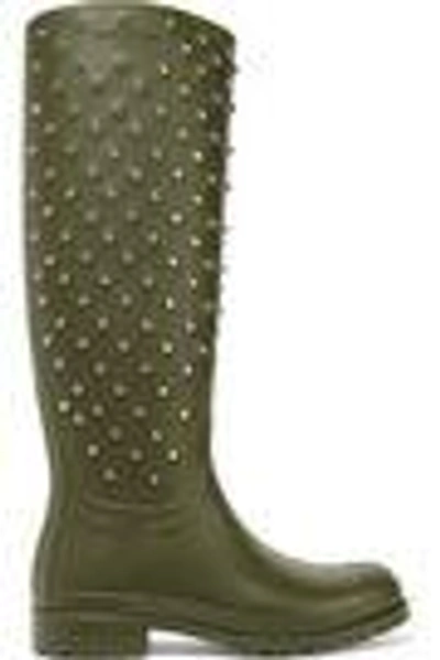 Shop Saint Laurent Festival Crystal-embellished Rubber Rain Boots In Army Green