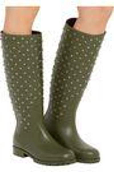 Shop Saint Laurent Festival Crystal-embellished Rubber Rain Boots In Army Green