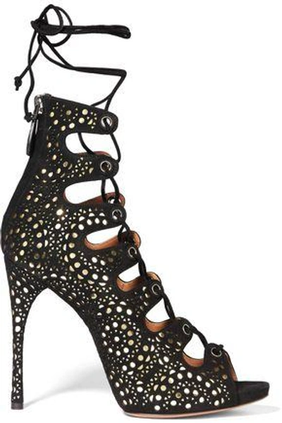 Shop Alaïa Laser-cut Suede And Metallic Leather Sandals In Black