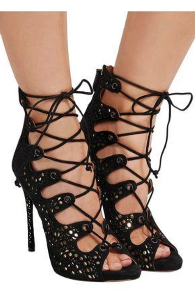 Shop Alaïa Laser-cut Suede And Metallic Leather Sandals In Black