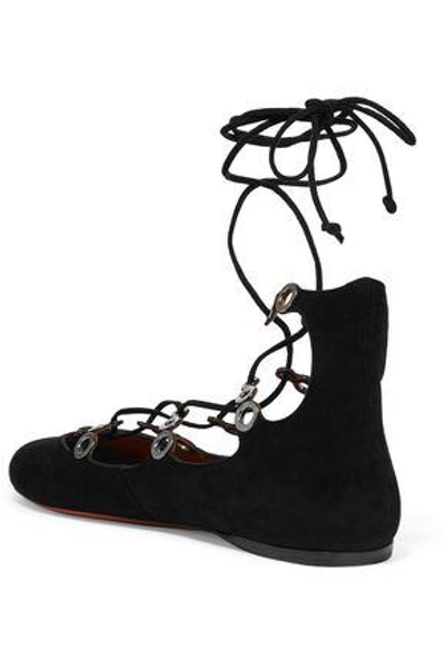 Shop Alaïa Lace-up Eyelet-embellished Suede Ballet Flats In Black