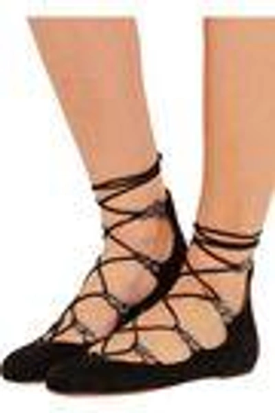 Shop Alaïa Lace-up Eyelet-embellished Suede Ballet Flats In Black