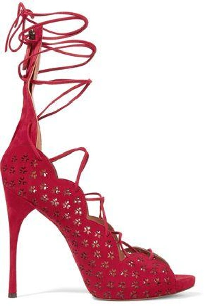 Shop Alaïa Woman Carine Lace-up Laser-cut Suede Sandals Crimson