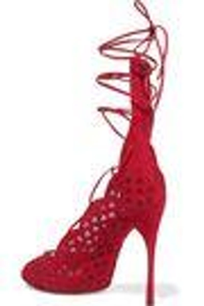 Shop Alaïa Woman Carine Lace-up Laser-cut Suede Sandals Crimson