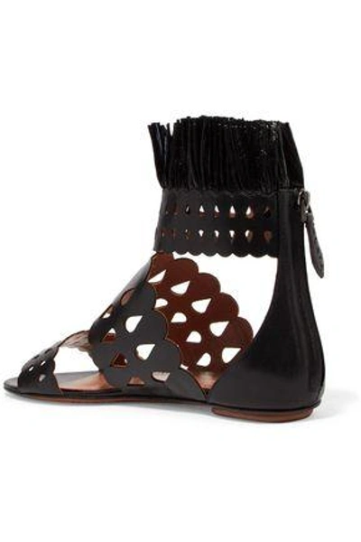 Shop Alaïa Raffia-trimmed Laser-cut Leather Sandals In Black