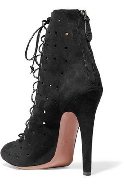 Shop Alaïa Woman Lace-up Laser-cut Suede Ankle Boots Black