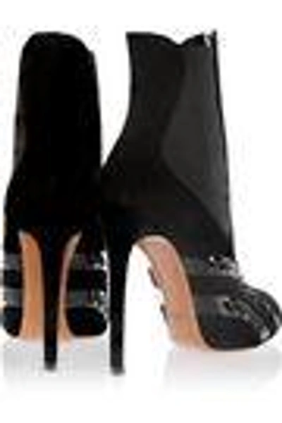 Shop Alaïa Woman Patent Leather-paneled Suede Ankle Boots Black