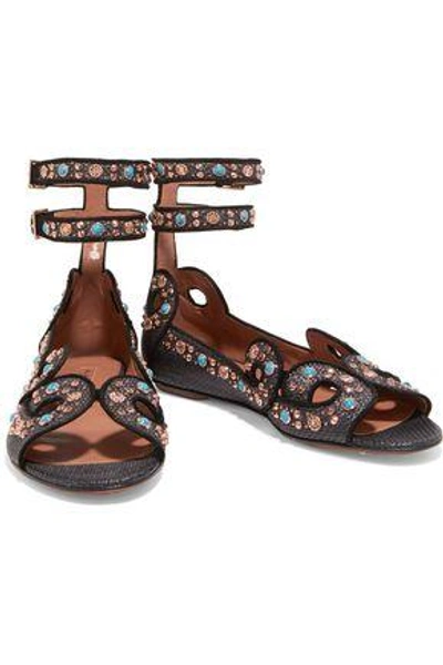 Shop Alaïa Embellished Woven Leather Sandals In Dark Brown