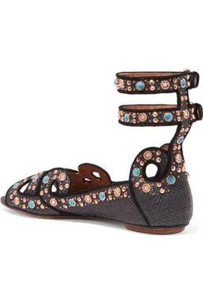 Shop Alaïa Embellished Woven Leather Sandals In Dark Brown