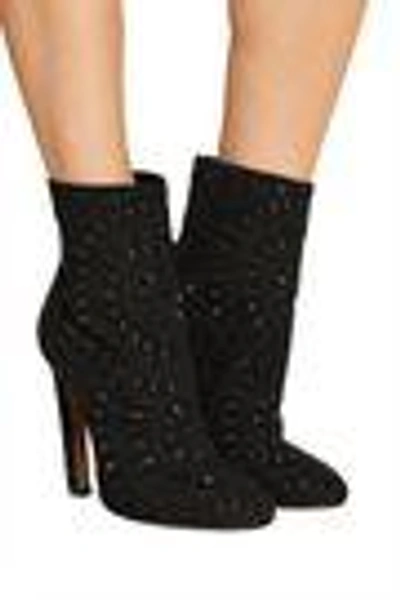 Shop Alaïa Woman Embroidered Suede Ankle Boots Black