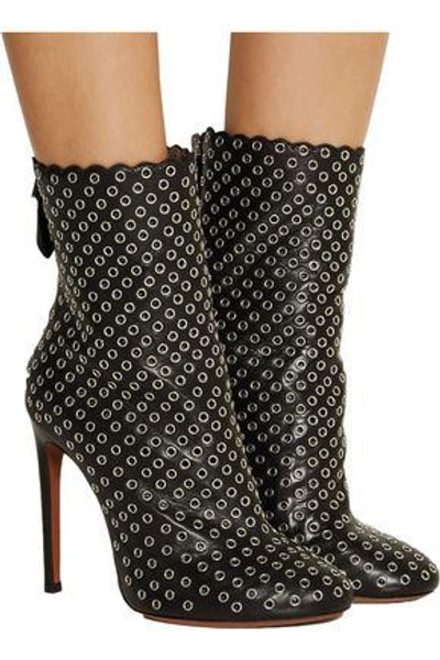 Shop Alaïa Woman Eyelet-embellished Leather Ankle Boots Black
