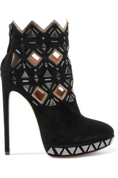 Shop Alaïa Embellished Laser-cut Suede Ankle Boots In Black
