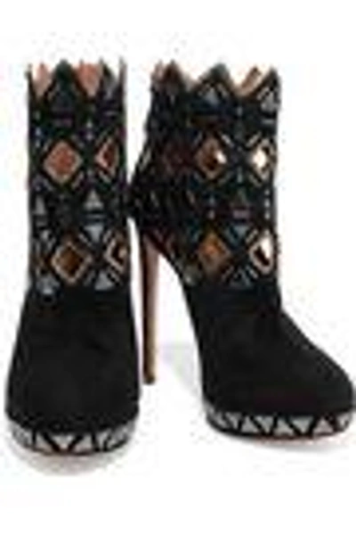 Shop Alaïa Embellished Laser-cut Suede Ankle Boots In Black