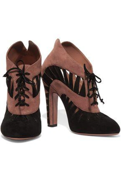 Shop Alaïa Woman Laser-cut Two-tone Suede Ankle Boots Light Brown