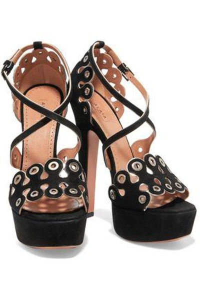 Shop Alaïa Eyelet-embellished Scalloped Suede Platform Sandals In Black