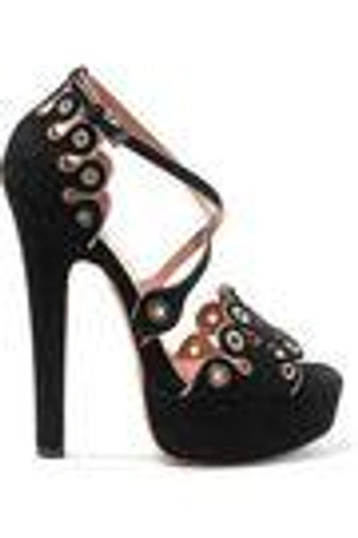 Shop Alaïa Eyelet-embellished Scalloped Suede Platform Sandals In Black