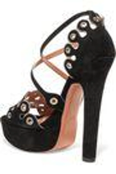 Shop Alaïa Eyelet-embellished Scalloped Suede Platform Sandals In Black