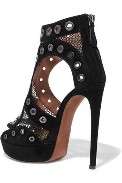 Shop Alaïa Eyelet-embellished Suede And Mesh Platform Sandals In Black