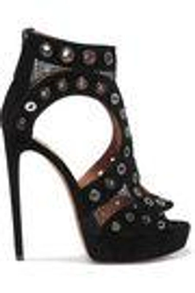 Shop Alaïa Eyelet-embellished Suede And Mesh Platform Sandals In Black