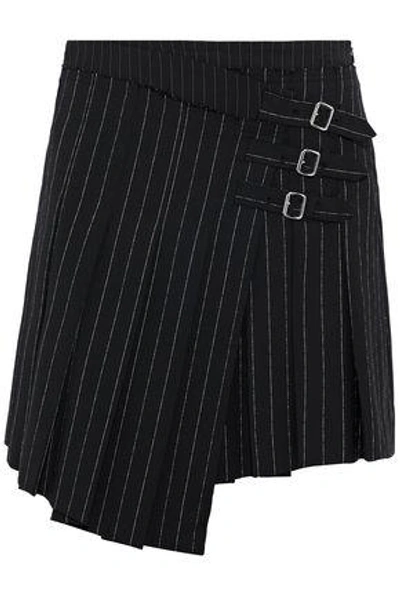 Shop Mcq By Alexander Mcqueen Wrap-effect Pleated Pinstriped Woven Mini Skirt In Black