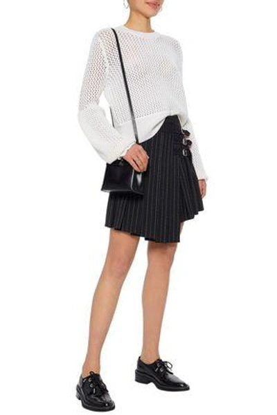 Shop Mcq By Alexander Mcqueen Wrap-effect Pleated Pinstriped Woven Mini Skirt In Black