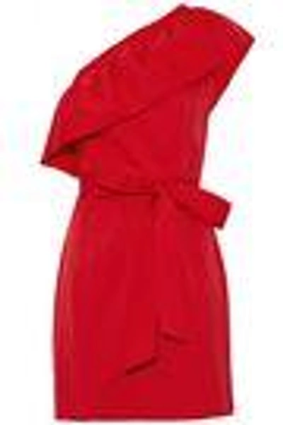 Shop Milly Woman Tara One-shoulder Ruffled Cotton-blend Poplin Mini Dress Red