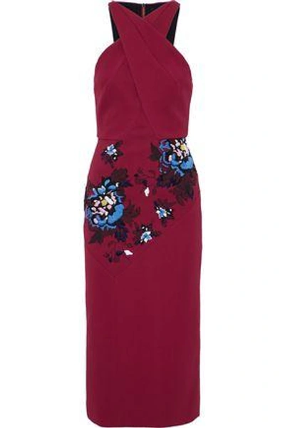 Shop Roland Mouret Woman Maxton Paneled Embroidered Floral-print Crepe Dress Claret