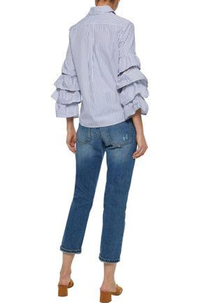 Shop Iris & Ink Stina Ruffled Striped Cotton-poplin Shirt In Blue