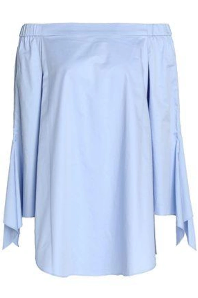 Shop Tibi Woman Off-the-shoulder Draped Cotton-poplin Top Sky Blue