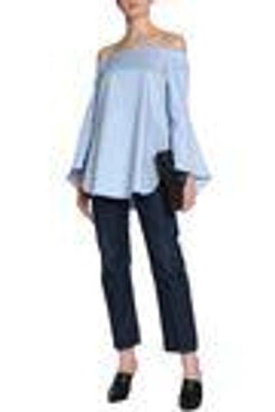 Shop Tibi Woman Off-the-shoulder Draped Cotton-poplin Top Sky Blue