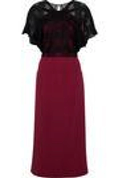 Shop Roland Mouret Woman Guipure Lace-paneled Crepe Midi Dress Claret