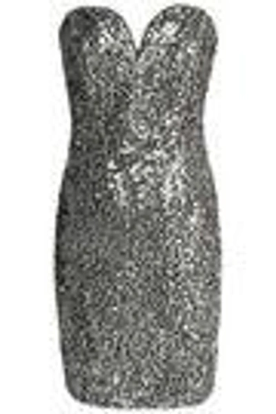 Shop Milly Woman Strapless Sequined Crepe Mini Dress Metallic