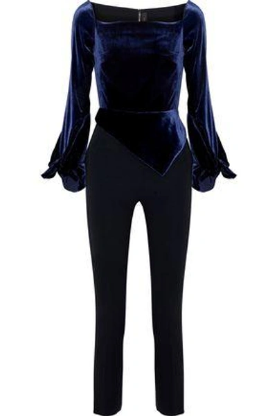 Shop Roland Mouret Woman Cutout Two-tone Velvet-paneled Crepe Jumpsuit Navy