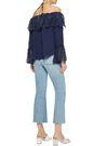 Shop Rachel Zoe Woman Cali Off-the-shoulder Cotton-blend Lace And Silk Crepe De Chine Top Navy