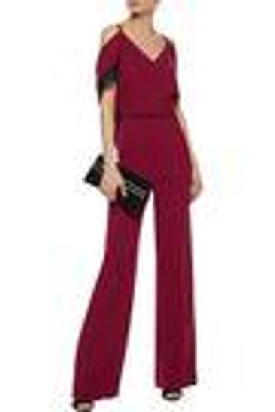 Shop Roland Mouret Woman Burnstein Cold-shoulder Fringed-trimmed Wool-crepe Jumpsuit Claret