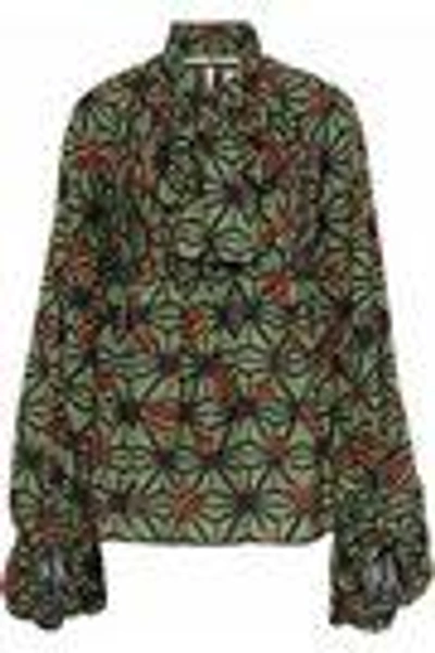 Shop Stella Jean Woman Pussy-bow Pleated Printed Crepe De Chine Blouse Leaf Green
