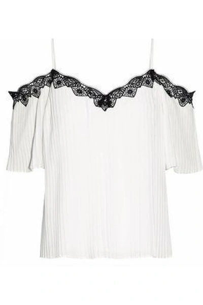 Shop Alice And Olivia Woman Cold-shoulder Lace-trimmed Pleated Crepe De Chine Top White