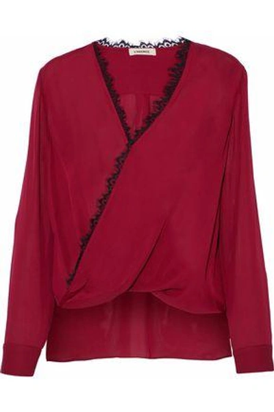 Shop L Agence Woman Rosario Lace-trimmed Wrap-effect Silk Blouse Crimson