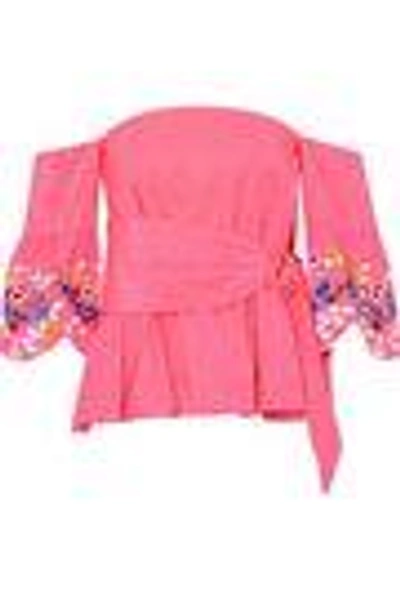 Shop Peter Pilotto Woman Off-the-shoulder Cutout Embroidered Faille Blouse Pink