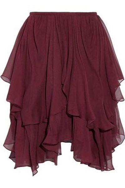 Shop Chloé Woman Asymmetric Layered Silk-georgette Mini Skirt Burgundy