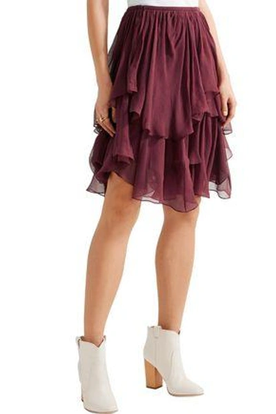 Shop Chloé Woman Asymmetric Layered Silk-georgette Mini Skirt Burgundy