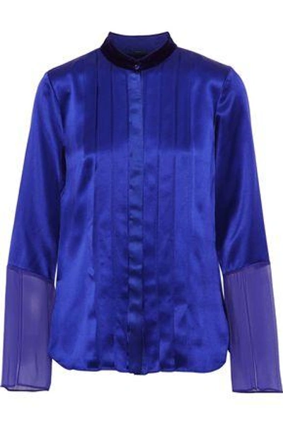 Shop Elie Tahari Izarra Chiffon-paneled Pintucked Silk-satin Blouse In Royal Blue