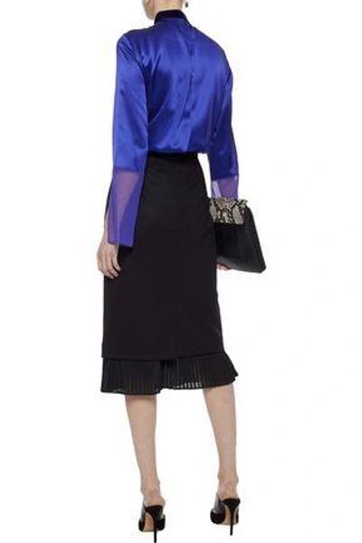 Shop Elie Tahari Izarra Chiffon-paneled Pintucked Silk-satin Blouse In Royal Blue