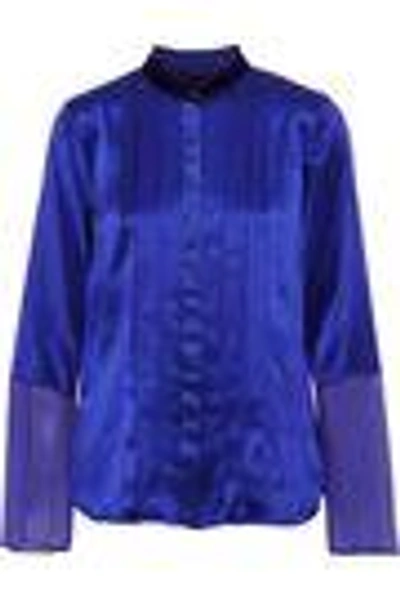 Shop Elie Tahari Izarra Chiffon-paneled Pintucked Silk-satin Blouse In Royal Blue